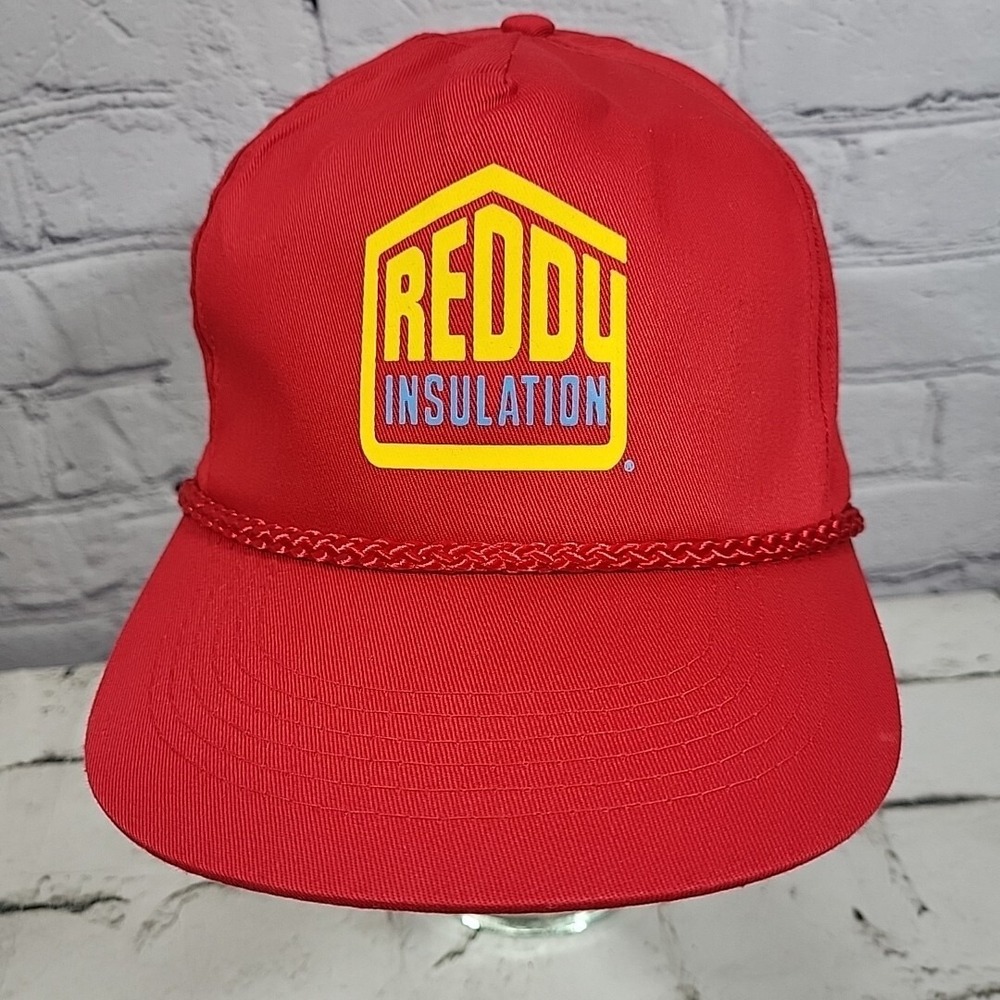 Vintage Trucker Hat Reddy Insulation Mens Snapback Red Rope Front Cap EUC